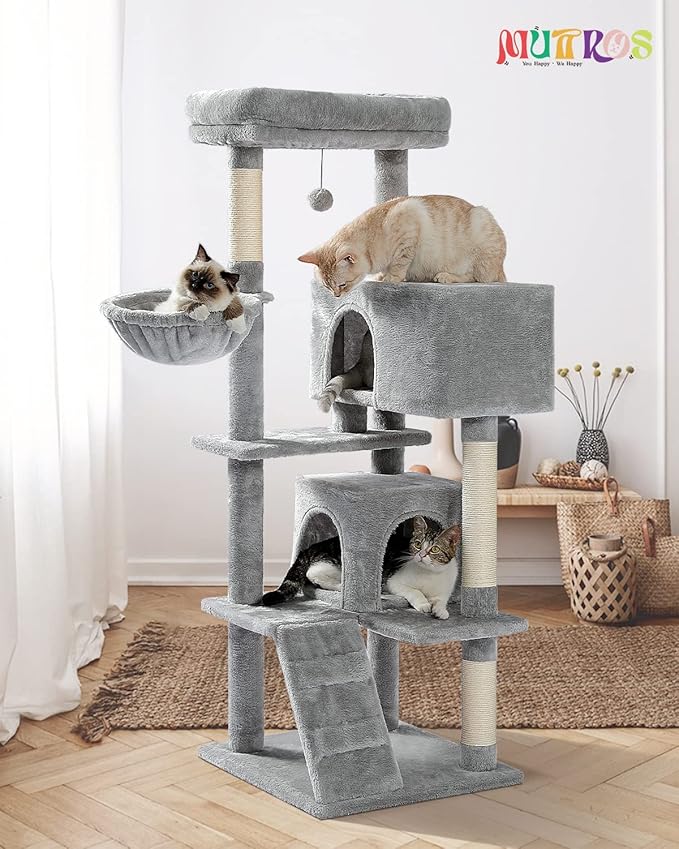 MUTTROS Cat Tree for Large Cats with Super Large Top Perch, 56.3" Cat Tower with Plush Hammock, Dangling Pompom, Cat Scratching Posts and 2 Condos House, Light Grey