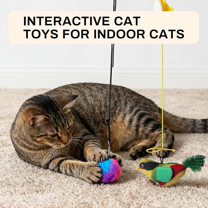 Interactive Cat Toys for Indoor Cats, Fun Self-Play Hanging Door Toy for Kitten, 2 Pack Door Hanging Bird Toy with Squeaky Sound for Bored Indoor Adult & Kitten