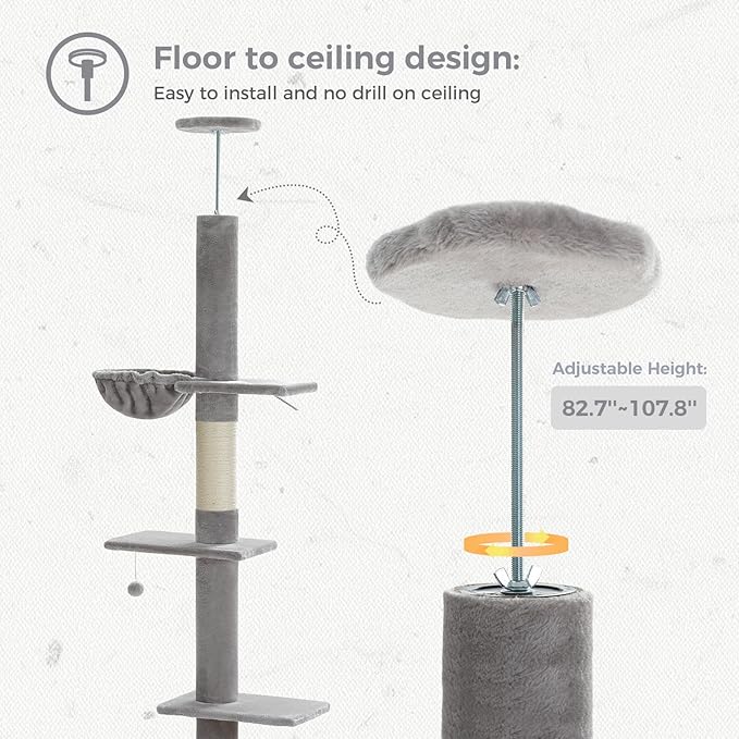PETEPELA Floor to Ceiling Cat Tree, Cat Tower 5 Tiers Tall (83-108 Inches) Adjustable Height, Cats Climbing Tree Featuring with Condo, Scratching Post and Big Perches for Indoor Cats, Grey