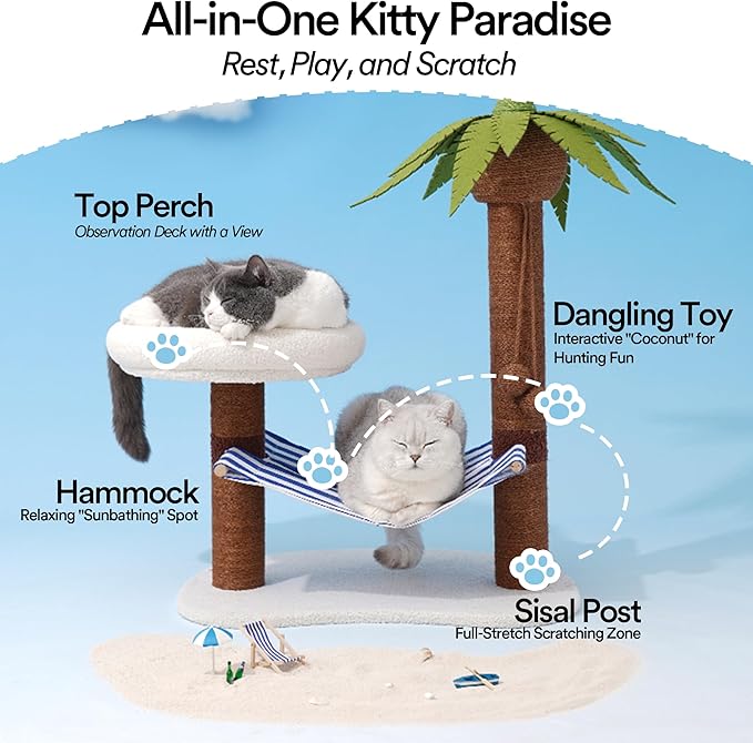 ZEZE Summer Coconut Island Cat Tree with Hammock & Bed — Tropical Palm Tree Cat Scratching Post, Cozy Plush Cat Nest, Sisal Rope Climbing Tower for Indoor Cats, Stable Base