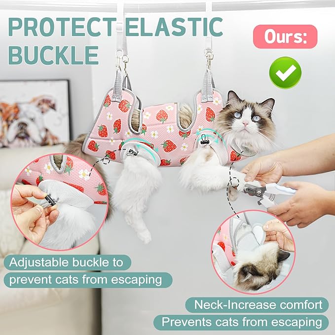 Supet Cat Grooming Hammock Harness for Nail Trimming, Cat Grooming Hanging Sling for Nail Clipping, Pet Restraint Holder for Cutting Nails, Medicine, Ear & Teeth Cleaning, Eye Care (Strawberry M)