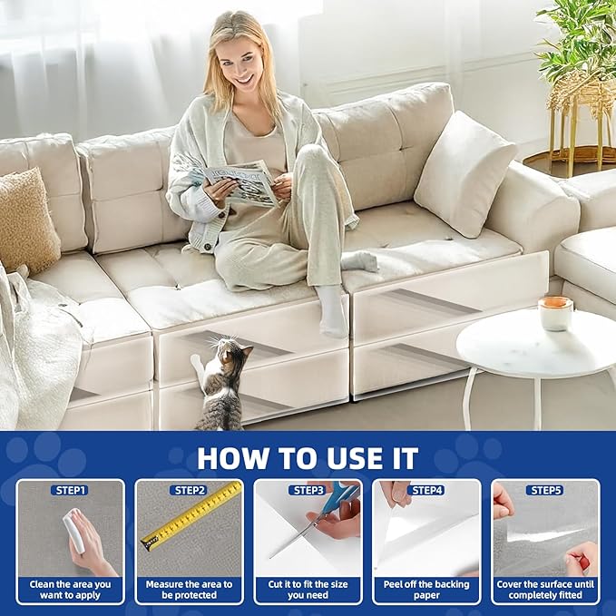 TOOSOFt Anti Cat Scratch Furniture Protector Clear Thicken Vinyl 160"x12.4" Couch Protector from Cat Claws - Single Sided Sticky Flexible Dog Tape for Furniture, for Couch Corner Door Walls Bed