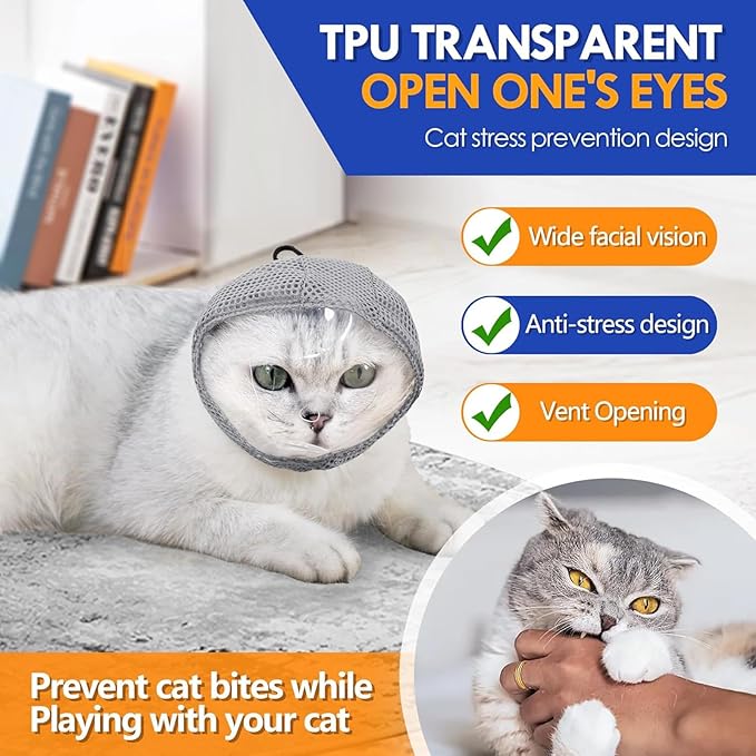 Cat Muzzle Adjustable Anti-Bite Head Cover - Breathable Grooming Mask for Nail Trimming, Bathing & Vet Injections, Safe Fit for Cats (M)