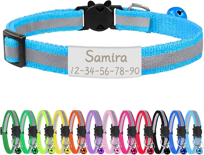CAMAL Reflective Cat Collar Personalized with Pet ID Tag, Safety Breakaway Cat Collar with Name Tag, Sky Blue Kitten Collar with Bell for Boy Girl Cats Puppies