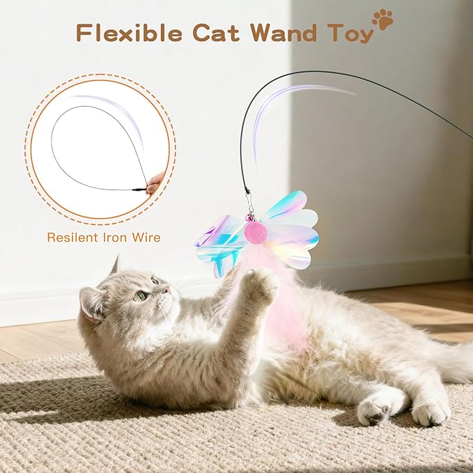 Pawaboo Feather Teaser Cat Toy, Interactive Feather Wands Cats Toy Flying Feathers Cat Catcher with Extra Long 34.5" Wand and Small Bell, Exerciser Playing Toys, 1 Wand + 10 Feathers, Multicolored