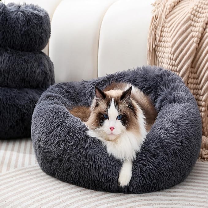 Cat Bed Small Dog Bed for Indoor Cats, Self-Warming Ultra-Soft Plush Calming Kitten Bed, Rabbit Pillow Pet Beds Non-Slip Machine Washable Dark Gray 17.5" Up to 10lbs
