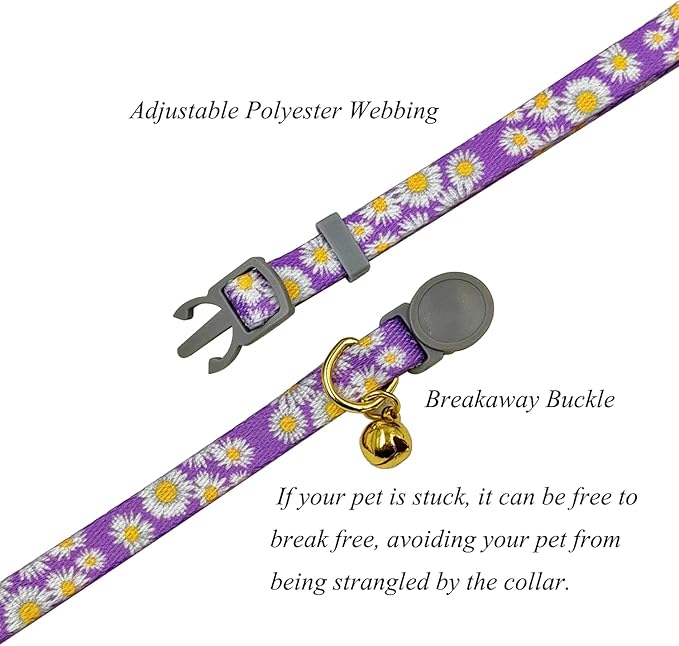 3 Pack Cat Collar, Daisy Floral Pattern, Breakaway Safe Release Buckle, Clear Bell, Polyester Material, for Adult Cats.(Daisy)