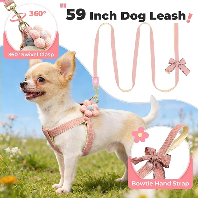 PETCARE Cute Flower Dog Harness and Bowtie Leash Set Easy Walk Puppy Dog Halter Harnesses for Small Dogs Girl Step in Dogs Harness with Buckle (Pink, Chest Adjustable 11"-17", Rope Width 0.59")