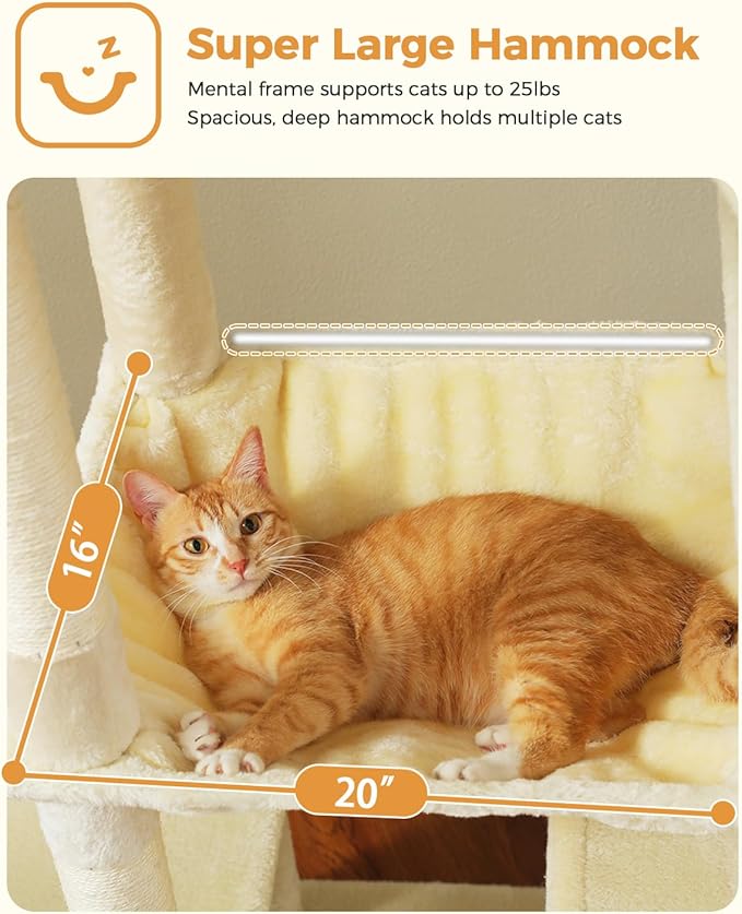 MUTTROS 71" Tall Cat Tree for Large Cat 20 lbs with Super Large Hammock, Heavy Duty Cat Tower with 4 Sisal Scratching Posts & 2 Spacious Condos for Big Adult Cats Maine Coon-Beige
