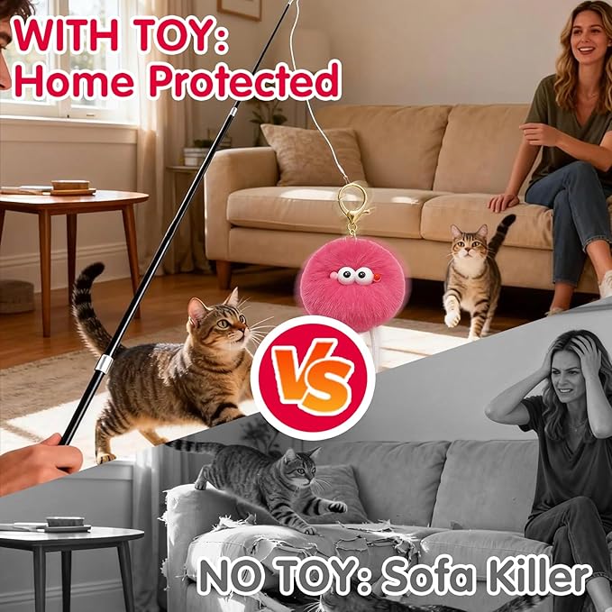 Walfront Cat Interactive Toys - Colorful Plush Ball Pendant, Equipped with Extendable Fishing Rod, Soft & Comfortable, Perfect for Pouncing & Daily Fun, Activity, Fun Playtime for Cats of All Ages!