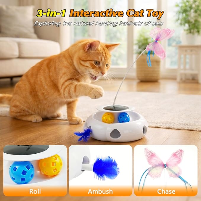 3-in-1 Interactive Cat Toy with Remote Control, Automatic Feather Teaser & Rolling Ball Track, Smart Cat Toy for Indoor Cats, Multi-Play Cat Enrichment Toy for Exercise & Boredom Relief