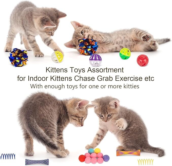 Retro Shaw Cat Toys Pack 33Pcs, Interactive Kitten Toys for Indoor Kittens Cats, Collapsible Kitty Play Tunnel Tent Feather Wand Balls Bell Springs Mouse Kitty Toys for All Breeds (2 Tunnel)
