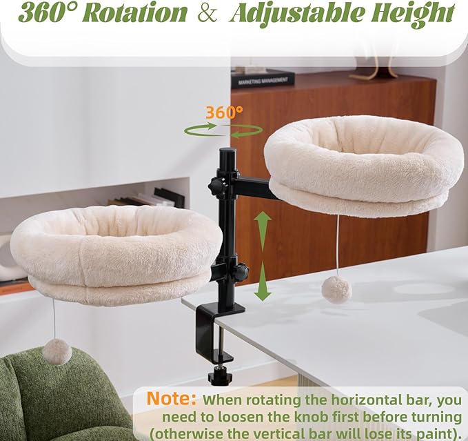 BYBYME Cat Desk Bed for Indoor Cats, Kitty Bed for Desk Supports 44 lbs, 360° Rotation & Adjustable, Soft Cat Nest Desktop with Hanging Ball for Office Desks Home Tables, 12" in Diameter（White）