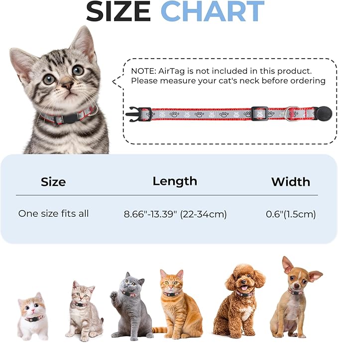 Cat Collar Breakaway, Reflective Kitten Collar with Bell, Safety Buckle Kitten Collar, Lightweight, Adjustable, Comfortable, Suitable for Boy Girl Cats (7"-13") Red