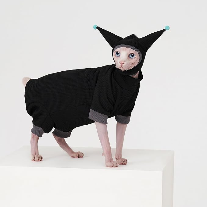 Sphynx Cat Clothes Waffle Pattern Suit, Cute Pet Hat and Shirt Set, Hairless Cat Devon Cornish Pink and Black Suit, (Small, Black)