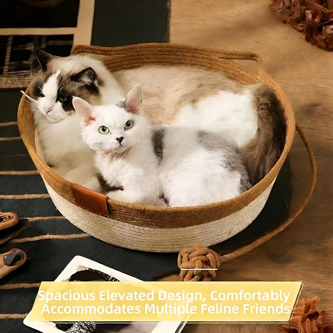 Large Stimulicat Cat Bed Rope Cotton with Cushion, Eliminates Bed Rejection Round Pet Basket, Boho Catbed for Cats Handwoven Scratchable Breathable Weave