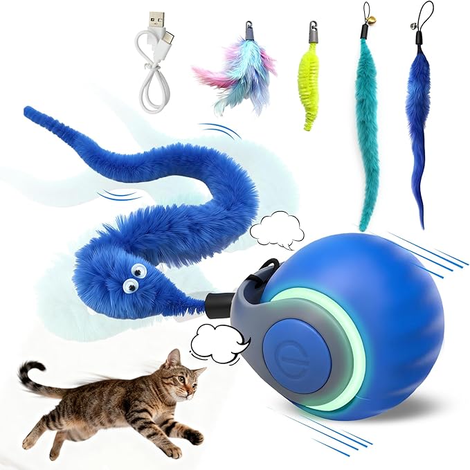 1 PCS Interactive Cat Toy Ball,Newly Speedy Tail and Moving Cat Tail Toy, Indoor Interactive Kitten Teaser Toys for Boredom, Automatic Cat Exercise Toy for Cats with 4 Tails-Blue