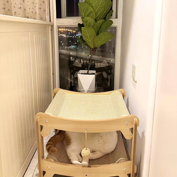 Multi-Level Sisal Cat Scratcher Bed | 2 & 3-Tier Wooden Cat Tower with Sisal Scratching Surface | Wood Pet Furniture (Medium)