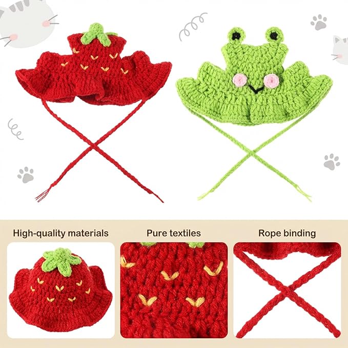 2Pcs Strawberry and Frog Cat Hat, Crochet Hats for Kitten Soft Cotton Cute Knitted Hat Christmas Birthday Halloween Party Costume Accessory for Kitten Small Pets