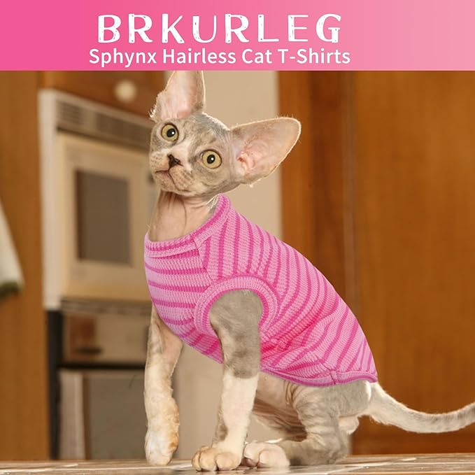BRKURLEG Knit Cat Shirt, Sleeveless Pet Vest for Sphynx Cats and Small Dogs, Soft Pullover Spring Summer Apparel, Breathable T-Shirts with Round Collar (Rose Pink Stripes, S)