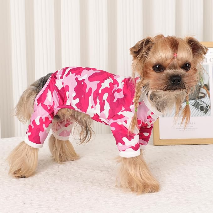 Dog Pajamas Small Sized Boy Girl, Cotton Stretchable Pet Clothes Jammies Puppy Outfits for Dogs Female Male, Spring Summer Doggie Doggy Pjs (Pink Camouflage, XS)