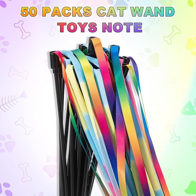 Leitee 30 Pcs Colorful Cat Wand Toys Interactive Rainbow Ribbon Fabric Teaser Wand String for Indoor Cats and Kitten Exercise Playing
