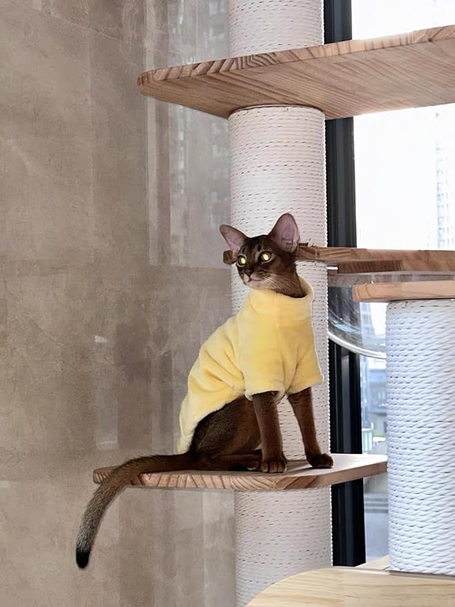 Sphynx Cat Clothes Winter Turtleneck Soft Coral Fleece Cat Clothes Thicken Warm Pajamas Coat for Hairless Cats and Small Cat Apparel with Sleeves (Lemon Yellow, XXL（12.7-16lbs）)