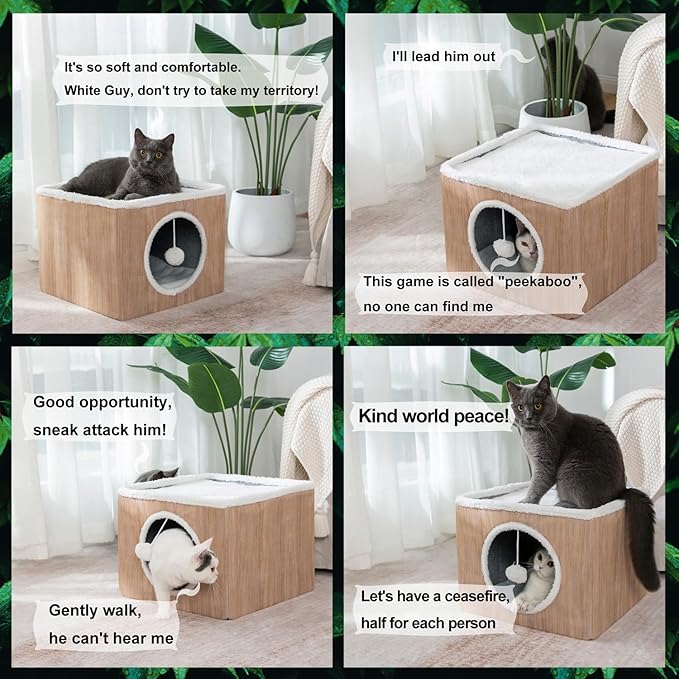 Cat Condo House with Reversible Cushions and Fluffy Ball Hanging, Foldable Cat Cube, Large Cave Bed for Indoor Kittens, Brown Wood Grain Pattern