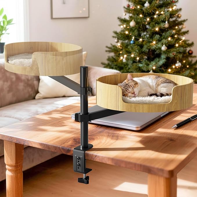 Spacocld Cat Desk Bed – Cat Bed for Indoor Cats with Adjustable Height&360° Rotation, Elevated Desk Cats Beds for Table, Desktop Cat's Hammock for Small Space, Wooden Cat's Bed Desktop Kitten