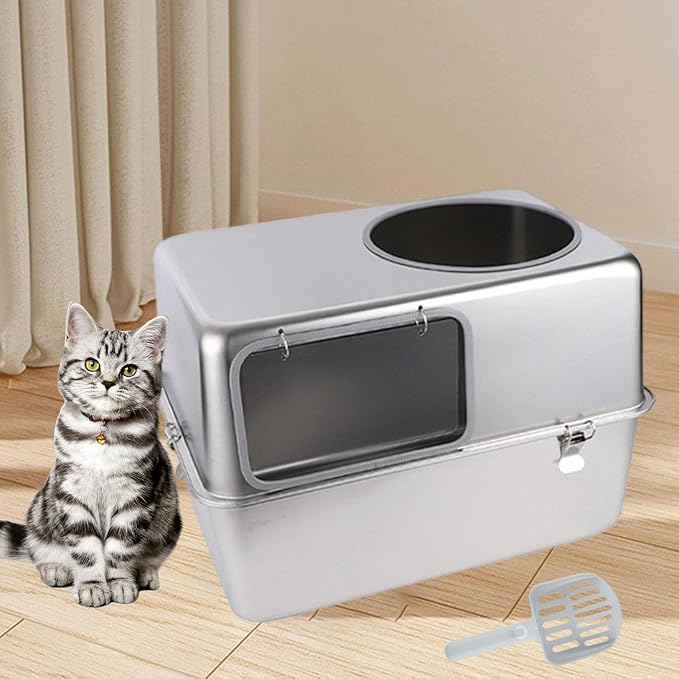 Hooded Cat Litter Box with Lid Large Capacity Detachable Reusable Kitty Litter Tray Sandbox- Without Pedal