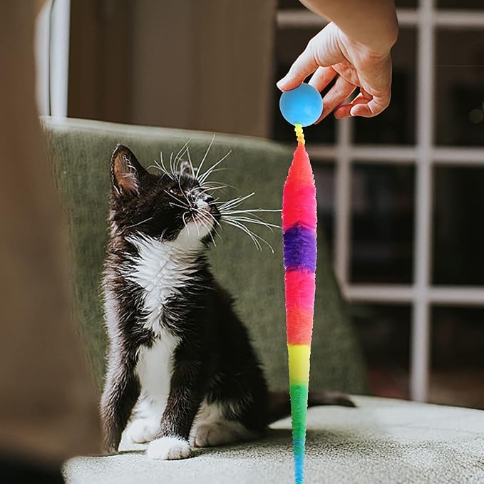 SHENGSEN Bouncy Ball with Tail Cat Toys-5 Packs,Rainbow Large Magic Worm with Ball Toy for Cats,Colorful Fuzzy Worm Bouncy Balls Cat Toy