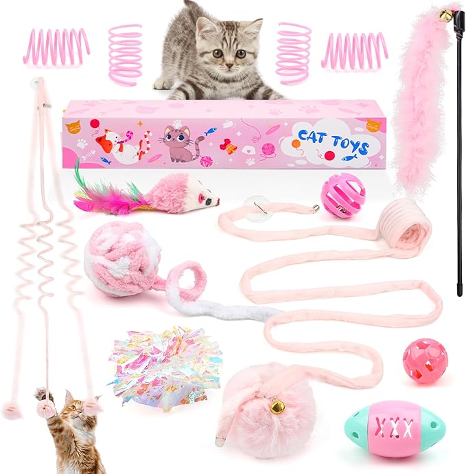 QUOZUO Pink Cat Toy Kitten Toys Set, Hanging Interactive Kitten Toys Wand Springs Mice Crinkle Balls and Pet Bell Balls Toys for Indoor Cats, 12Pcs Gift Box Styles (Pink)