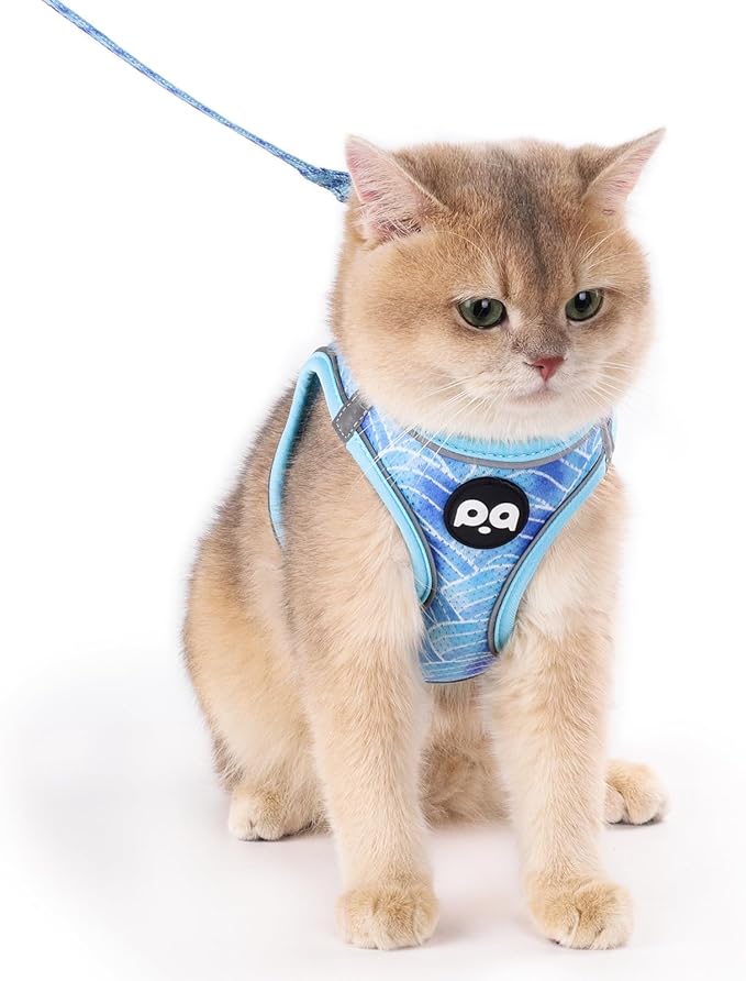QQPETS Cat Harness and Leash Set for Walking Escape Proof, Safe Adjustable Kitten Vest with Reflective Strips, Easy Control Soft Mesh Lightweight Jacket (Striped Blue, S(Chest 15”-15.7”))