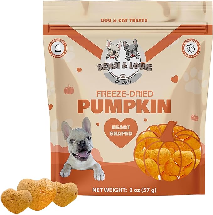 Benji & Louie Freeze Dried Pumpkin for Dogs and Cats, Heart Shaped - Natural Healthy Dog and Cat Treats, Single Ingredient, 2 oz