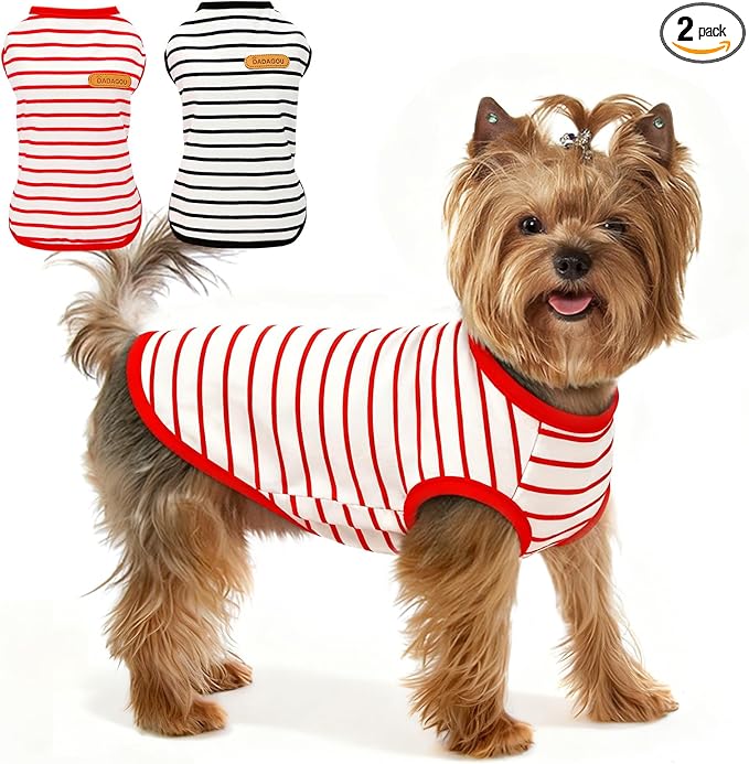 Dog Shirts for Small Dogs 2 Pack, S Dog Sleeveless Striped Vests Dog Pullover T-Shirts Lightweight Puppy Kitten Tank Top Cat Tee for Chihuahua, RedBlack-S