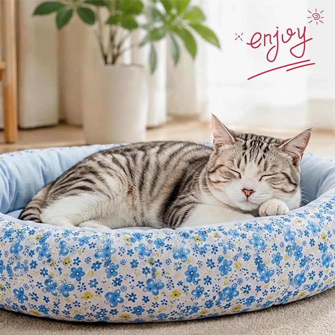 Floral Print Cat Beds for Indoor Cats Cozy Plush Fabric, Supportive Raised Sides, Non-Slip Bottom Washable Mat for Small Medium Pet Puppy Dog (Blue,Small)