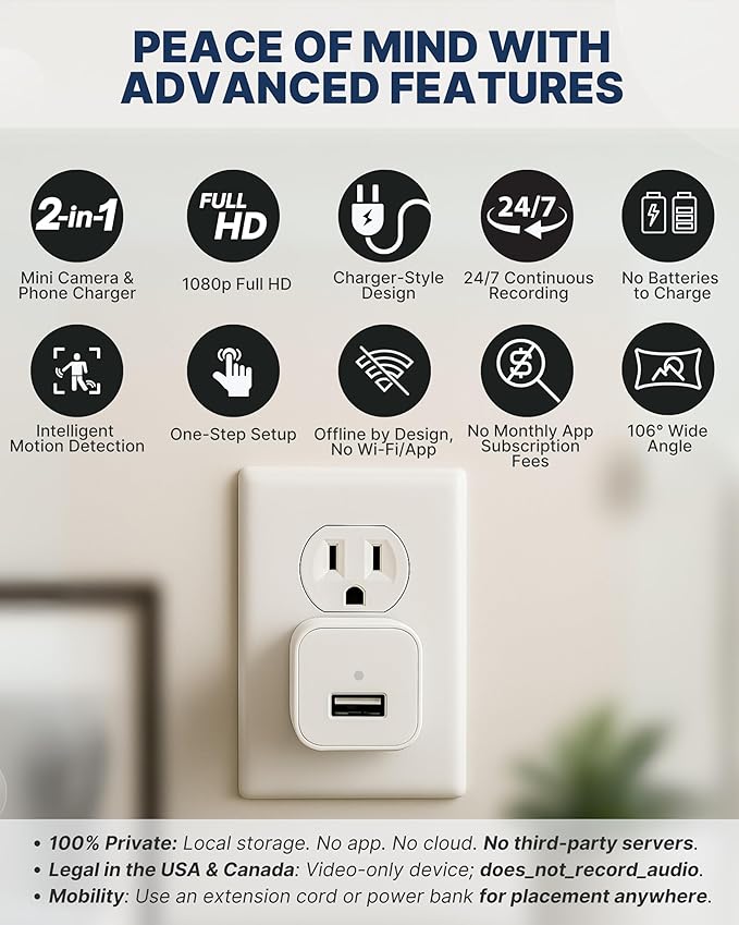 Premium Plug-in Dome Cam, 1080p Full HD Always-On, Motion Detection, No WiFi Needed, Easy Setup, Indoor Cam for Home & Pet Nanny Use
