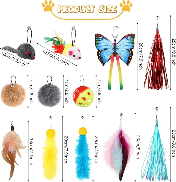 QUOZUO Cat Toys Replacement Cat Toy Wand Refills, 12 Pcs Cat Feathers Refill, Cat Toy Mouse Cat Wand Refill Attachments for Indoor Cats