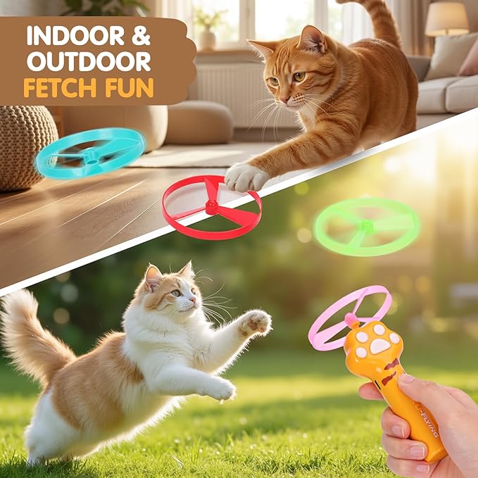 Cat Fetch Toy, Rechargeable Flying Disc Launcher with 6 Flying Discs, Cat Interactive Hunting Toys for Outdoor & Indoor (Yellow)