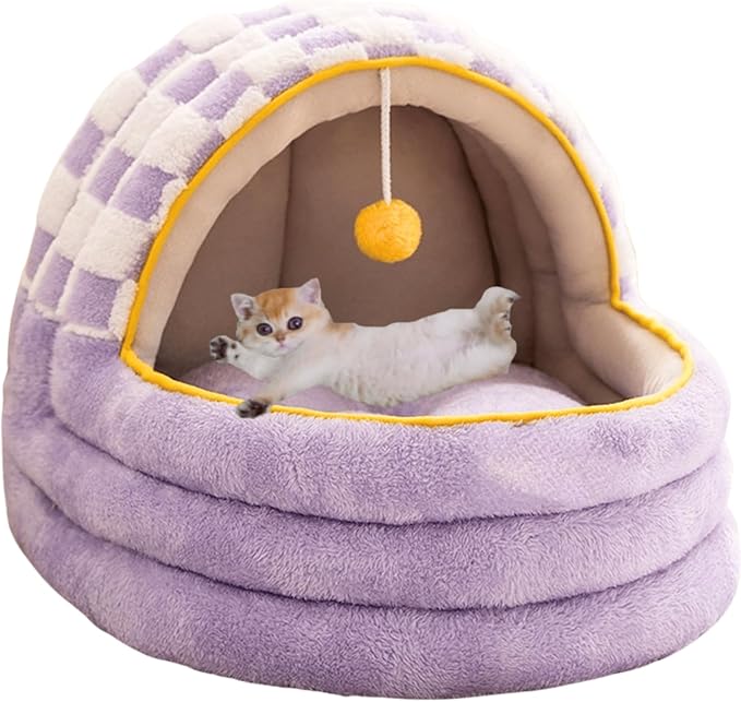 Cat Bed Cave, Cute Cat Bed for Indoor Cat, Lovely Cat Houses for Indoor Cats for Cat, Warm Cave Bed for Puppy and Kitten (Purple,Large)