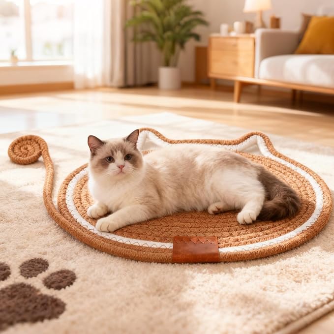 2 PC Cat Scratcher Mat - Natural Cotton Rope Oval Horizontal Scratch Pad (11''x13.7'') with Dangling Ball Toy, Cat Ear Design, Furniture Protector for Floor/Wall, Durable Handmade (Grey, 2 PC)