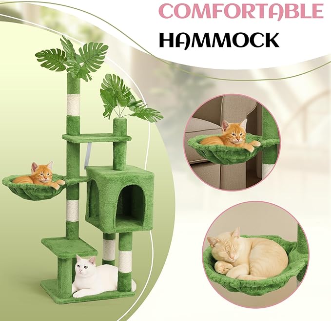 VINGLI Cat Tree, Cat Tower with Leaves, Cat Condo for Indoor Kittens, Cats Activity Center with Cozy Hammock, Sisal Scratching Posts, Green (48" H)
