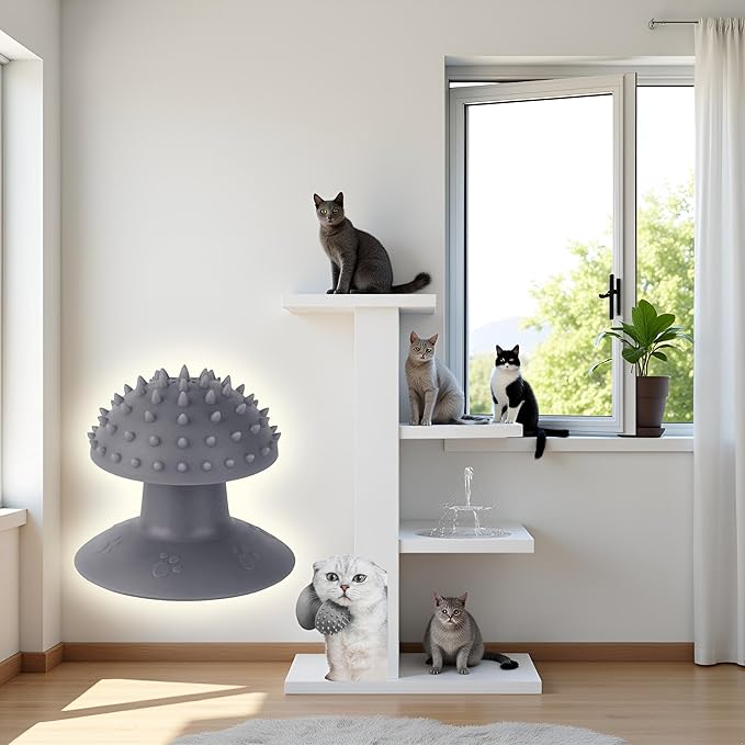 Grey Cat Corner Self Groomer - Remove Loose Fur, Removable Design for Cleaning, Massage Combs for Short and Long Fur, Grooming Brushes for Cats and Kittens