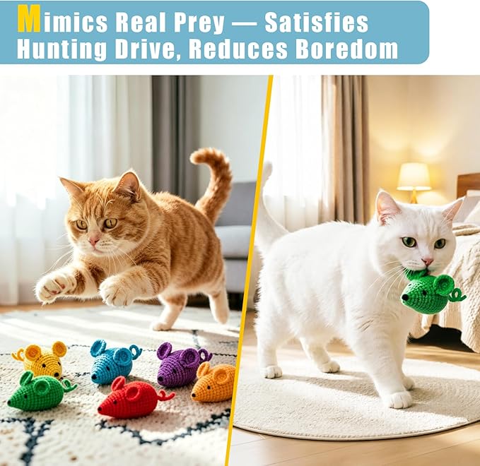 Retro Shaw Catnip Toys Crochet Mouse 6 Pcs - 100% Natural Catnip & Silvervine Blend Yarn Cat Nip Mice, Durable Hand-Knitted Teething Chew Toy for Indoor Cats & Kittens, Interactive Play & Dental Care