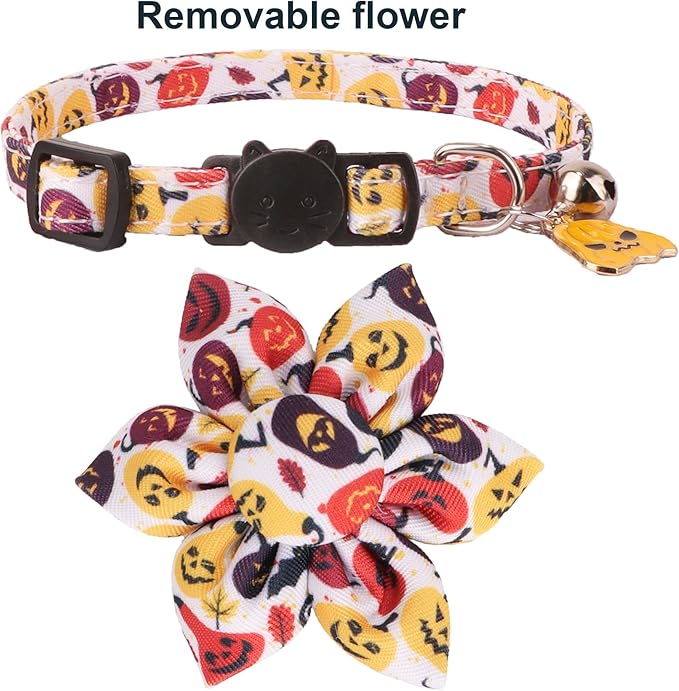 ADOGGYGO Halloween Cat Collar with Floral, 2 Pack Halloween Kitten Flower Collar, Pink Ghost Pumpkin Collars for Cats Kittens