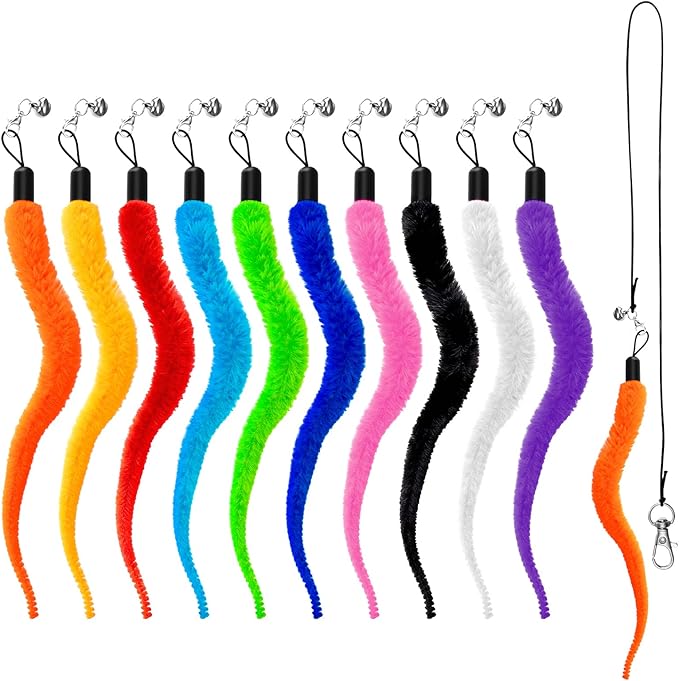 10 Pack Fuzzy Worm Cat Toy, Cat Worm Toy with Bell, Interactive Cats Wand Attachment Toys for Teaser Play and Chase Exercise with Kitten