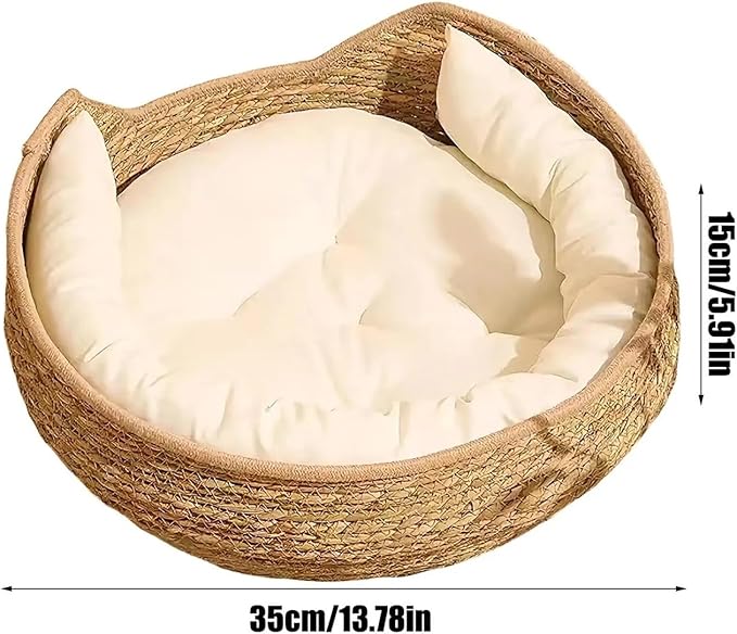 Cat Bed Woven Nest Bed with Soft Cushion and Pillow All Season Weaving Pet Sleeping Resting Scratching Furniture Compatible with Puppy