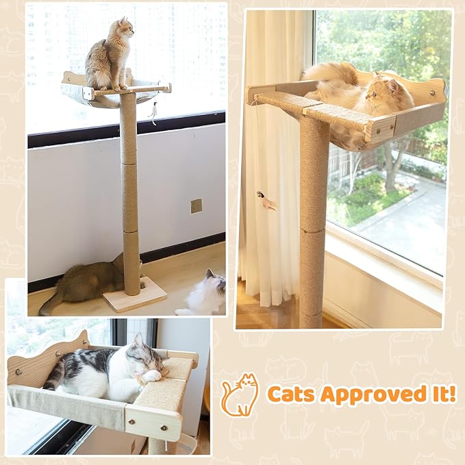 Cat Window Perch Hammock with 3-Piece Detachable Sisal Scratching Posts, Drill-Free Suction Cup Mount, Multi-Level Climbing Perch for Bird Watching, 45 LBS Capacity