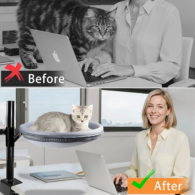 Double Layer Large Cat Desk Bed, 360° Rotating & Adjustable Shelf, 15" Thickening Desk Mounted Cat Bed with 2 Perches Holds Up to 66lbs for Office/Home