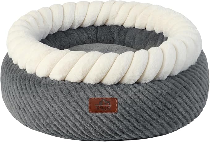 Hollypet Cat Bed for Indoor Cats Kitty Beds, Round Washable Fluffy Small Dog Bed, Soft Cozy Plush Pet Beds for Puppy and Kitten with Non-Slip Bottom (20" D * 8" Th, Gray)